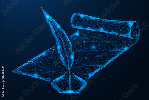 A digital manuscript. An unfolded sheet of parchment and a quill pen with a bottle of ink for writing. Low-poly design of interconnected lines and dots, blue background.