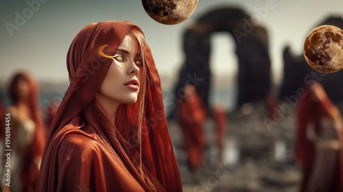 Mystical Woman In Red Robe With Glowing Eyes On Alien Planet