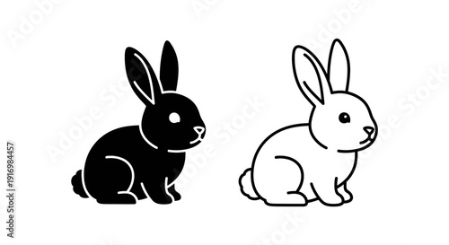 Two rabbits, black and white, sitting side by side, vector illustration Vector