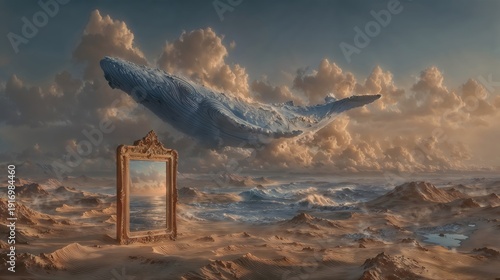 Surreal Flying Whale And Ocean Mirror In Desert Landscape