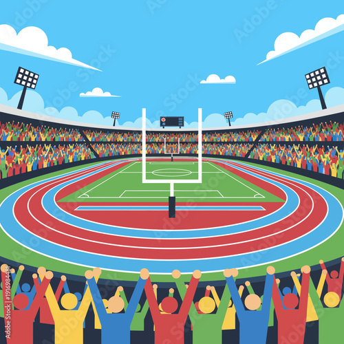Vibrant Sports Stadium with Cheering Crowds Flat Illustration