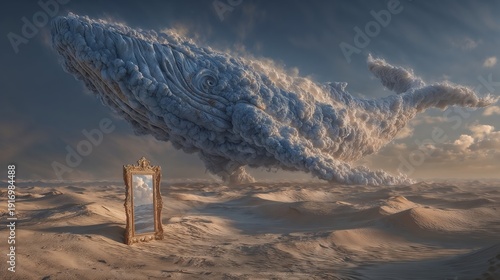 Surreal Cloud Whale Floating Over Desert Dunes With Golden Mirror
