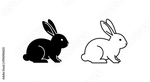 Two rabbits, one black and one white, sitting side by side, silhouette, vector illustration Vector
