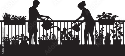 Silhouette of two people watering plants on a balcony