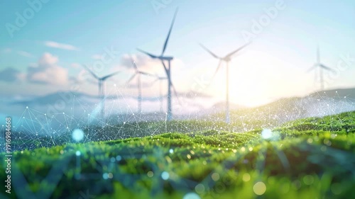 Wind Turbines at Dawn: A serene panorama showcases a field of wind turbines harnessing the energy of the wind against a backdrop of rolling hills under a vibrant dawn sky.