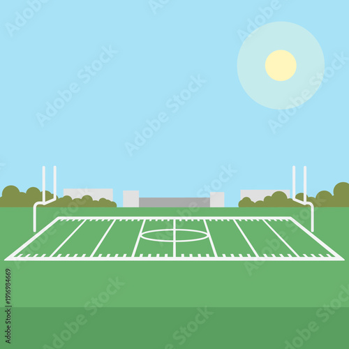 Serene Football Field Under a Clear Blue Sky with Stadium in Background