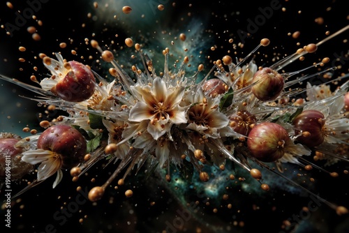 Surreal Apple And Flower Explosion With Liquid Splashes And Droplets