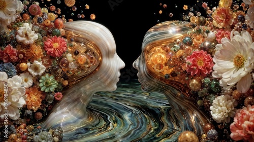 Surreal Floral Heads Facing Each Other In Swirling Liquid Fantasy