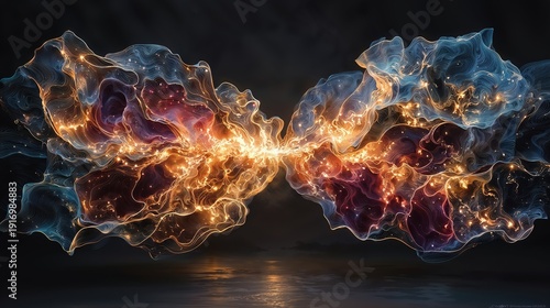 Abstract Glowing Energy Waves Colliding Over Dark Ocean Reflection