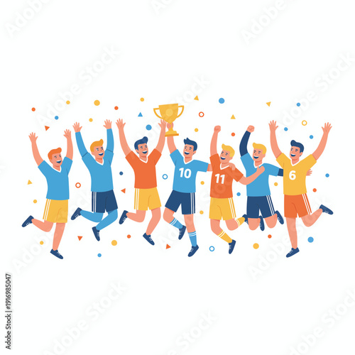 Vibrant Soccer Team Celebrating with Trophy and Confetti