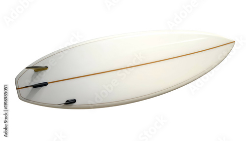 A white surfboard with three fins, a golden trim, set against a stark black background