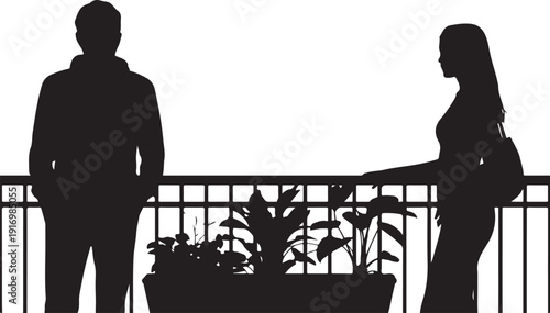 Silhouettes of Man and Woman Standing on Balcony with Plants