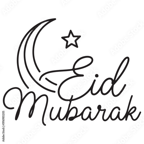 Minimalist Eid Mubarak calligraphy featuring a crescent moon and star, celebrating Islamic holidays, isolated on a white background with an elegant black line art style and modern vibe.
