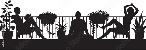 Silhouettes of people relaxing on a balcony with plants