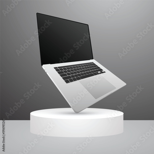 A silver laptop floating above a white pedestal with a dark screen is showcased in a 3D mockup from a slightly angled viewpoint