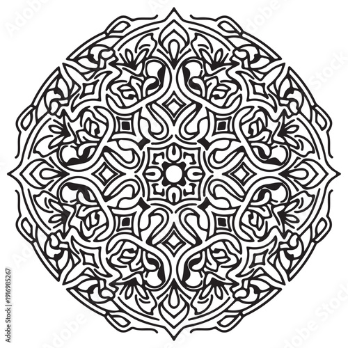 Intricate circular mandala ornament featuring symmetrical line art floral and geometric patterns, perfect for adult coloring books, tattoo inspiration, and decorative graphic design elements.