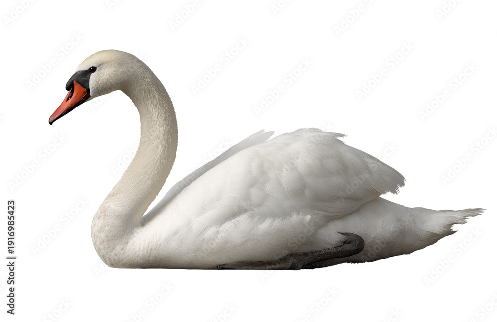 Obraz premium A white swan with an orange beak rests on a dark background isolated on a transparent background bird