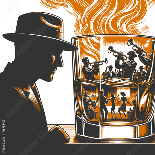 mysterious man in hat watching lively jazz band and dancers reflected inside a glass of whiskey, evoking noir nightlife atmosphere sketch engraving generative ai vector illustration. Scratch board.