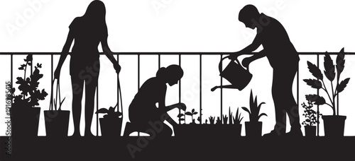 Three people gardening on a balcony with plants in pots