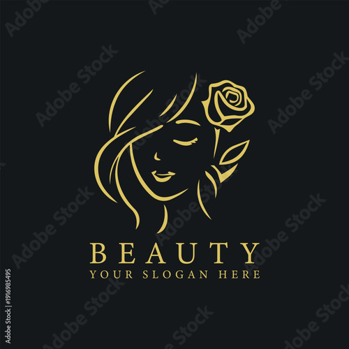 Luxury Beauty Logo with Elegant Gold Line Art Woman on Black Background