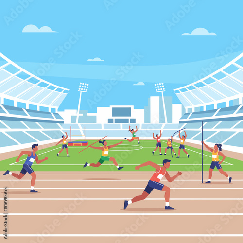 Athletes Competing in Various Track and Field Events at a Stadium