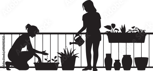 Two people gardening on a balcony with plants and pots