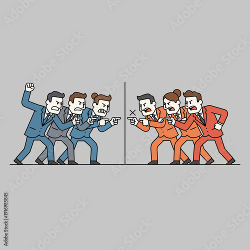 Angry Business People Confronting Each Other Divided by a Line