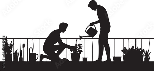 Two people gardening on a balcony with plants and tools