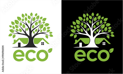 Eco-friendly home with a large green tree, symbolizing sustainable living and environmental harmony.