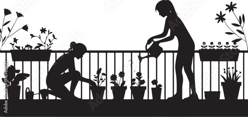 Two people gardening on a balcony with potted plants 2