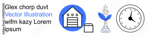 Logistics, sustainability, time management, growth, agriculture, warehousing. Visual of a warehouse, a seedling in a beaker and a clock. Logistics and sustainability concepts