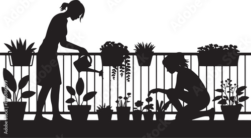 Two People Gardening on a Balcony with Potted Plants 3