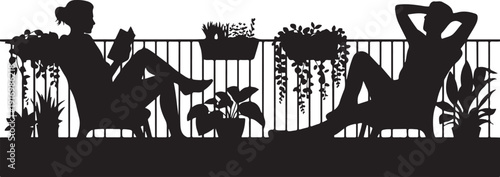Two silhouettes relaxing on a balcony with plants potted plants