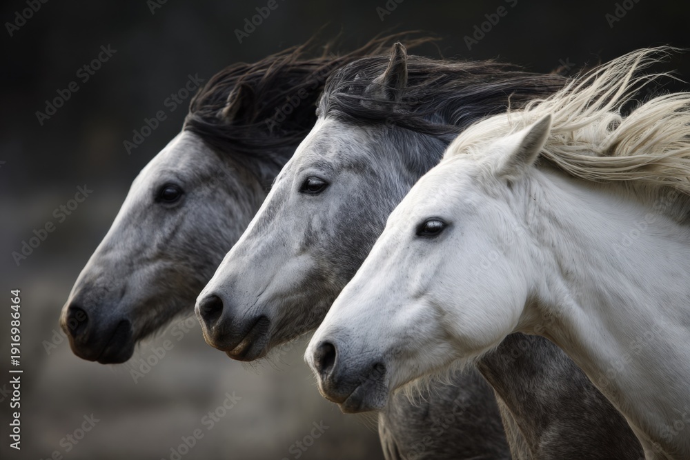 Fototapeta premium Majestic trio of gray and white horses in motion with flowing manes