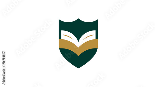 Dark green and gold heraldic crest design with open book illustration