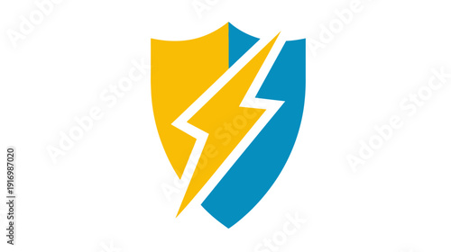 A graphical illustration featuring a shield divided into two sections, with a lightning bolt overlayed