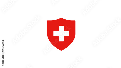 A red shield with a white cross inside, centered on a white background. Simple and bold design