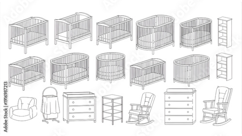 Baby Cribs and Nursery Furniture Top View Architectural Vector Set for Interior Floor Plan Design