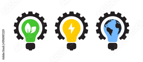 Three light bulb icons with gears representing different energy concepts: ecology, electricity, and global power