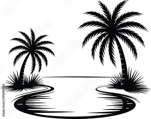 Simple silhouette of two palm trees near a desert oasis with a pool of water reflecting a peaceful night scene