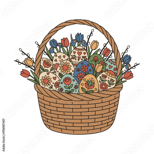 Easter basket with colorful pysanky eggs, tulips, iris flowers and pussy willow branches, vector illustration