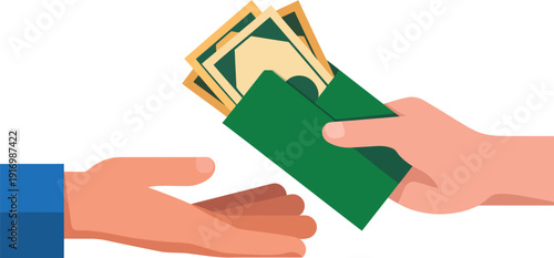 Two hands exchanging a green envelope with money banknote as a gift, eidi, zakat, sadqa or payment