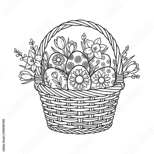 Easter basket with colorful pysanky eggs, tulips, iris flowers and pussy willow branches, vector illustration