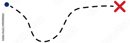 Treasure map with red cross mark and dotted trail. Ancient quest route with dashed path line. Vector illustration isolated on white.