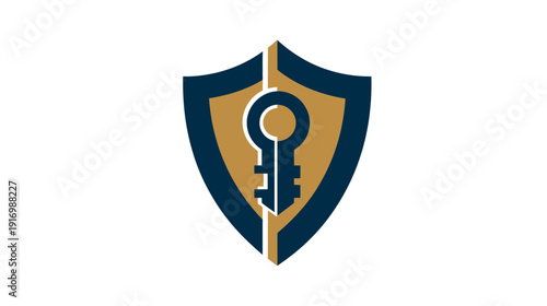 A security-themed graphic features a shield design with a key symbol integrated into the center