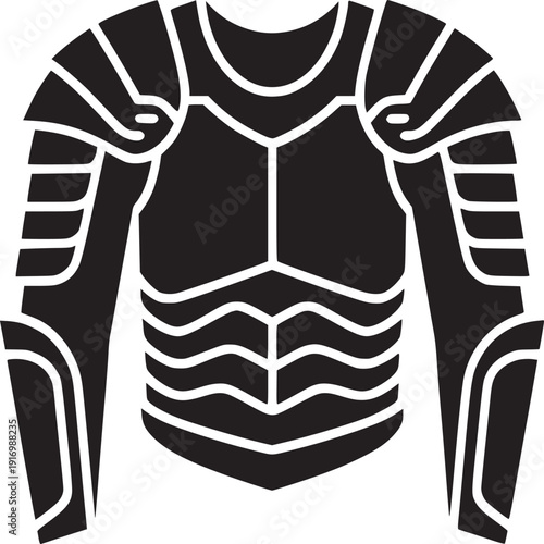 A black and white graphic illustration of a medieval knight's armor with shoulder pads and sleeves