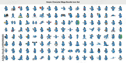 Collection of blue cleaning product bottle mascot characters in various poses and activities ideal for branding advertising packaging stickers and promotional materials