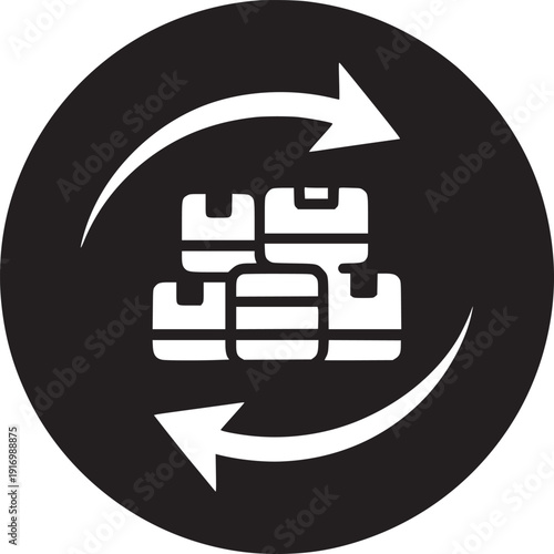 A black circle containing white boxes stacked with arrows rotating around them in a white background