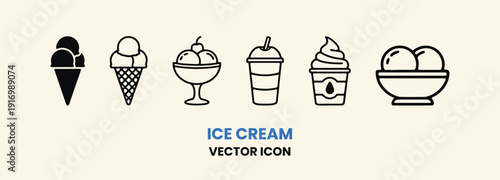 Delicious Variety of Ice Cream Desserts Vector Icons Collection.