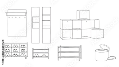 Shoe Racks and Hallway Storage Units Plan View Outline Vector Collection for Interior Floor Plans